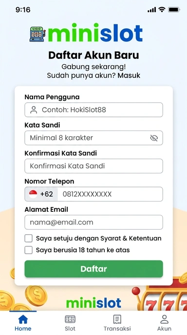 Tampilan halaman daftar minislot