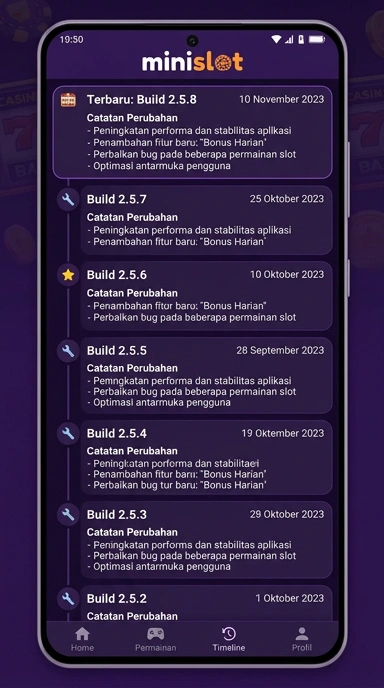 Tampilan riwayat versi minislot